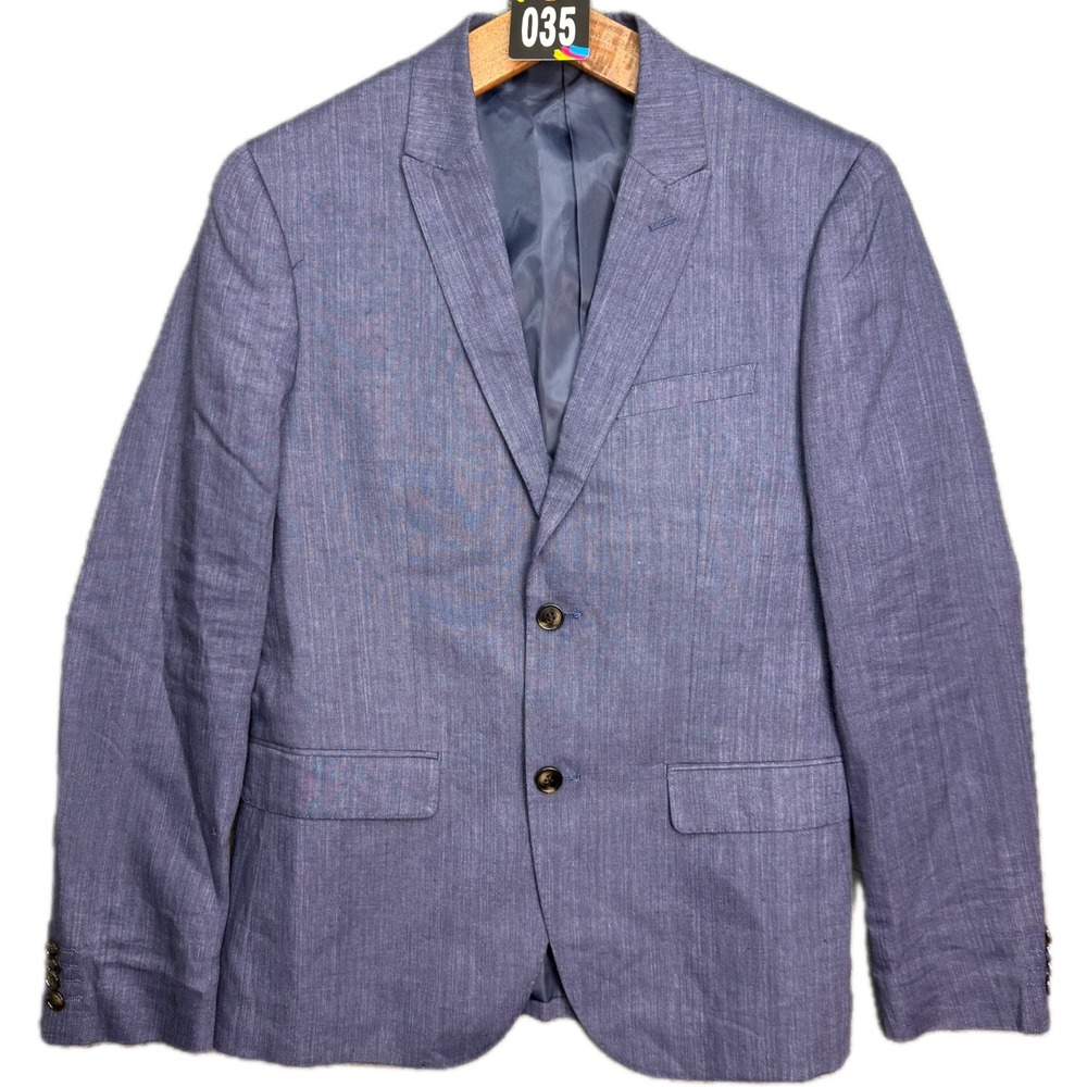 H&M Blazer Mens 38R Blue 100% Linen Slim Fit Two Button Sport Coat Jacket